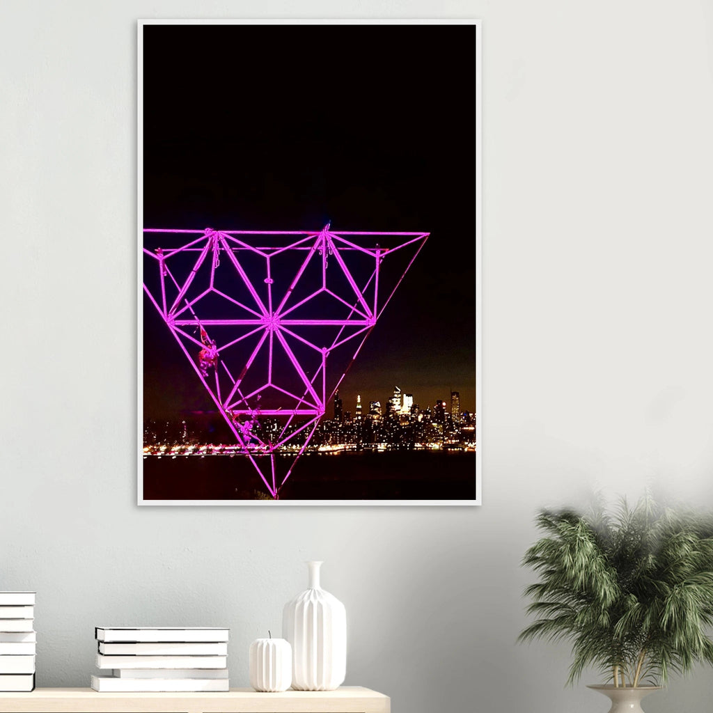 Framed New York City holiday art print showing Manhattan night view with Empire State Building in purple hues, part of the Travel Collection.
