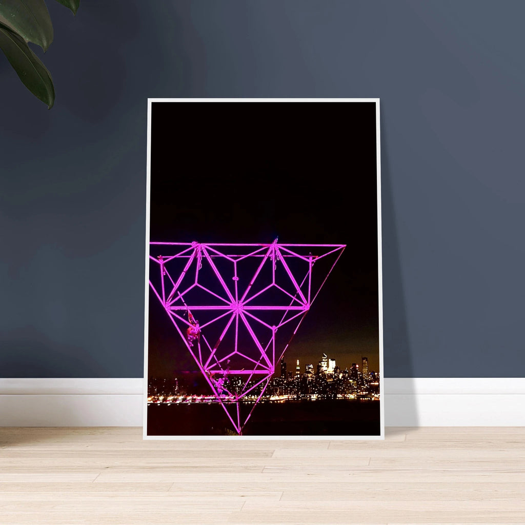 Framed print of New York City holiday purple art installation featuring a stunning Manhattan night view with Empire State Building.