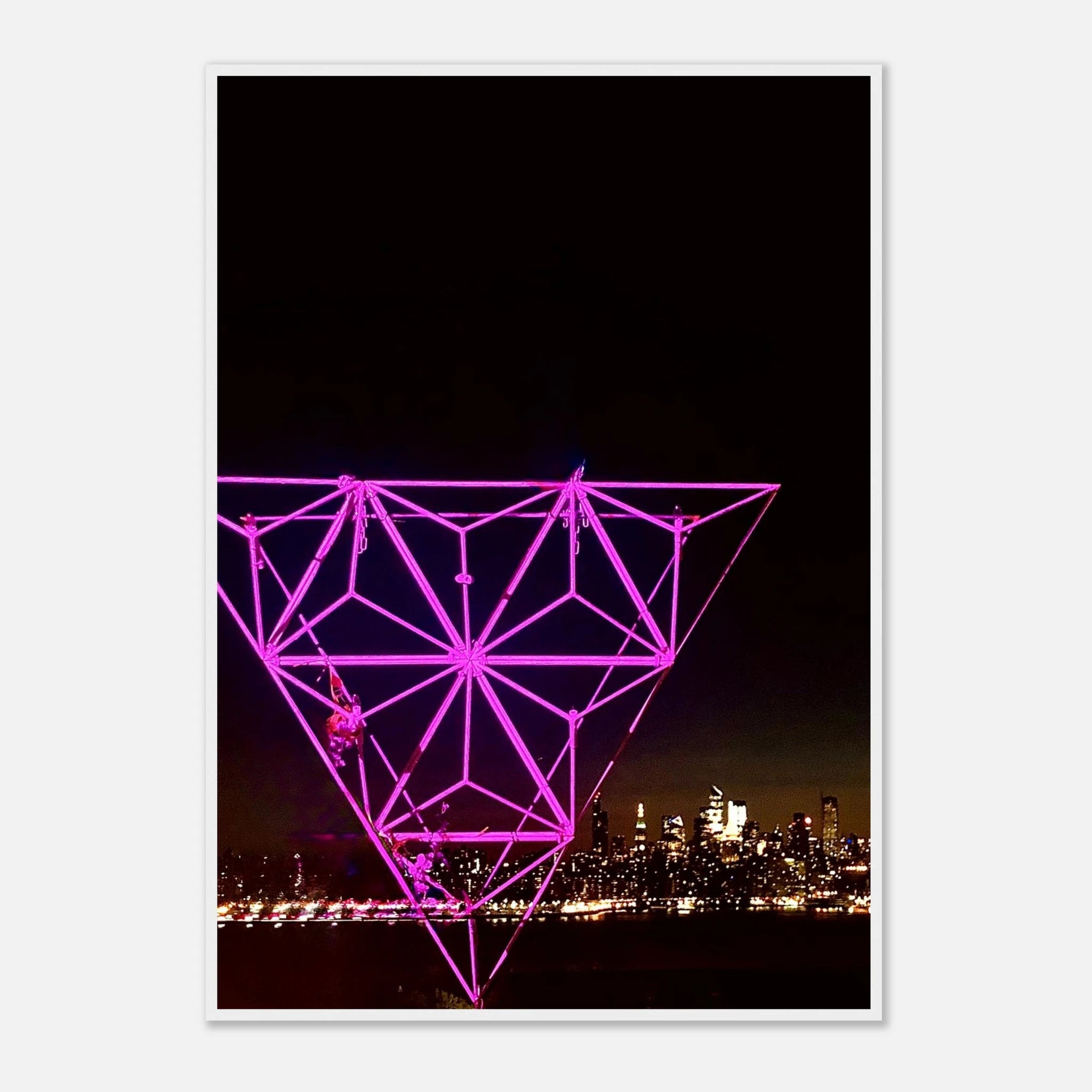 Framed New York City holiday art poster featuring a stunning Manhattan night view with Empire State Building, in purple tones.