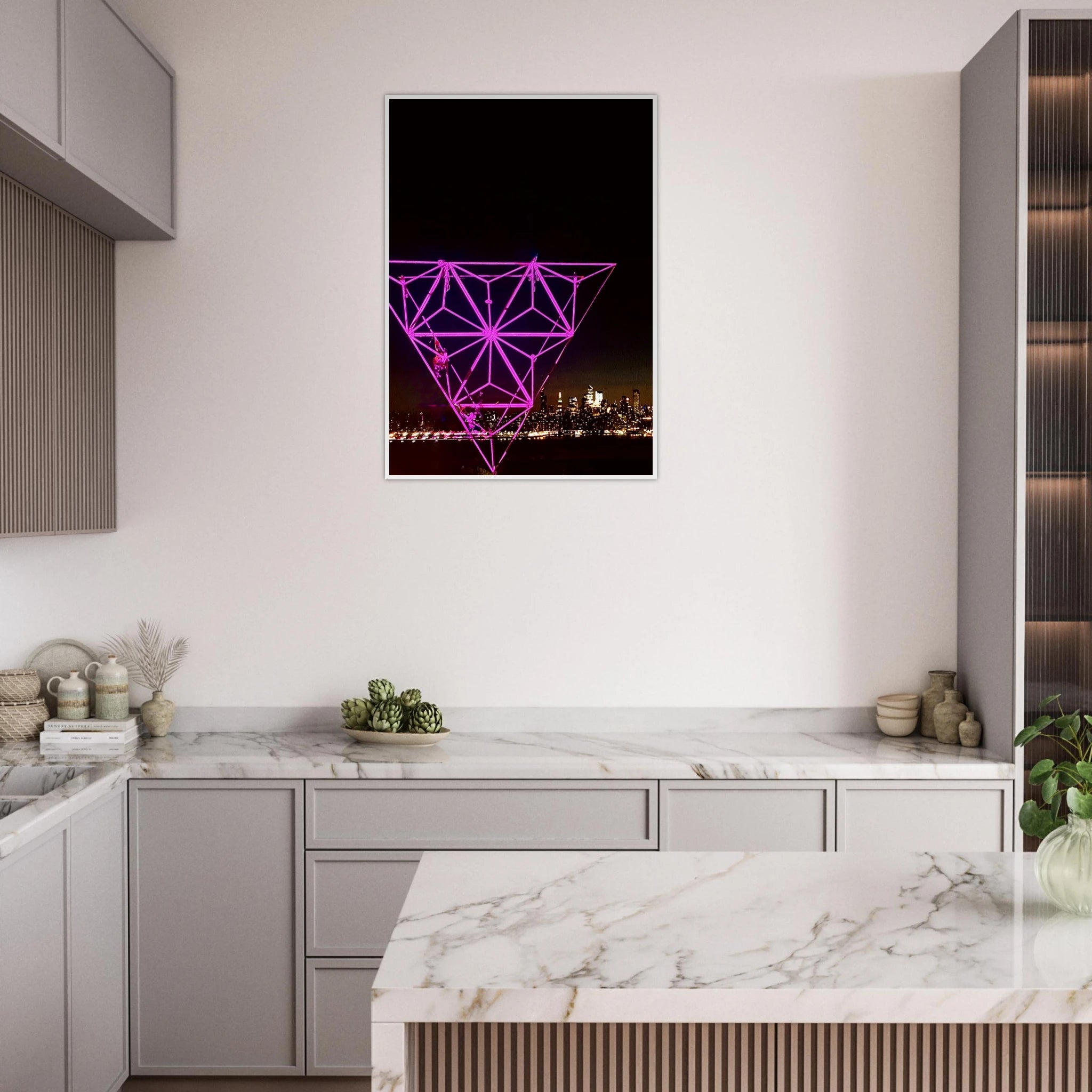 Framed poster of a Manhattan night view with the Empire State Building, featuring a purple holiday art installation in a travel collection print.