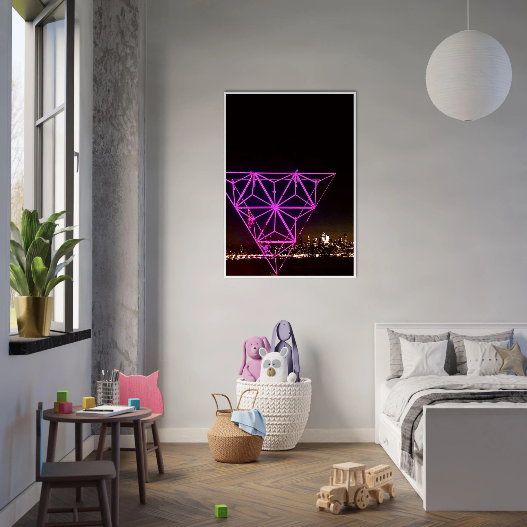 Framed New York City holiday art print featuring a vibrant Manhattan night view with Empire State Building in purple hues.