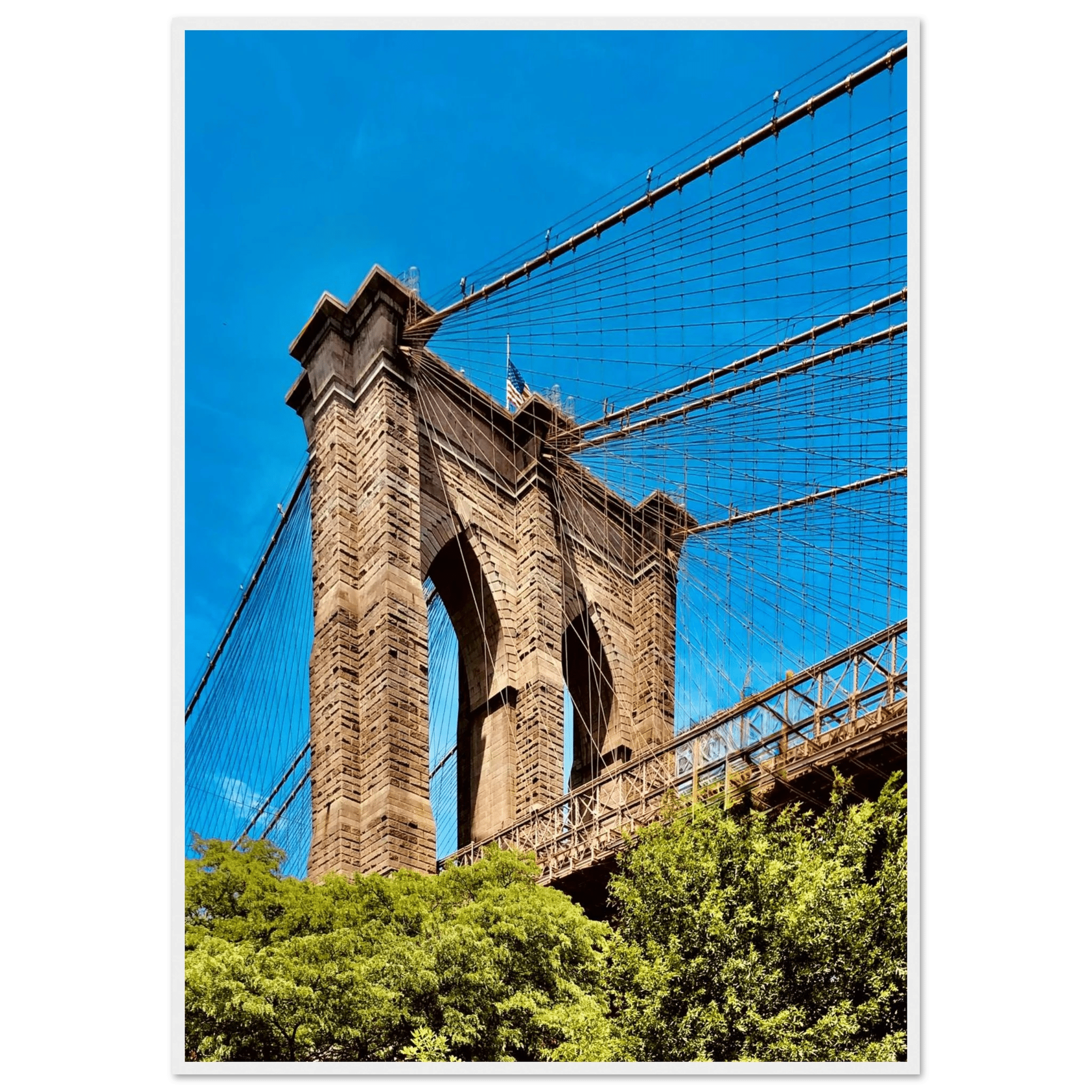 Framed NYC Brooklyn Bridge poster showcasing Dumbo view, 15x20 cm print with white frame from My Store's travel collection.