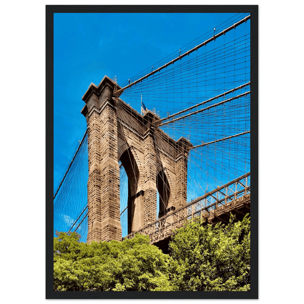 Framed NYC Brooklyn Bridge poster with Dumbo view, 15x20 cm print on white frame, part of the Studio Edition travel collection.