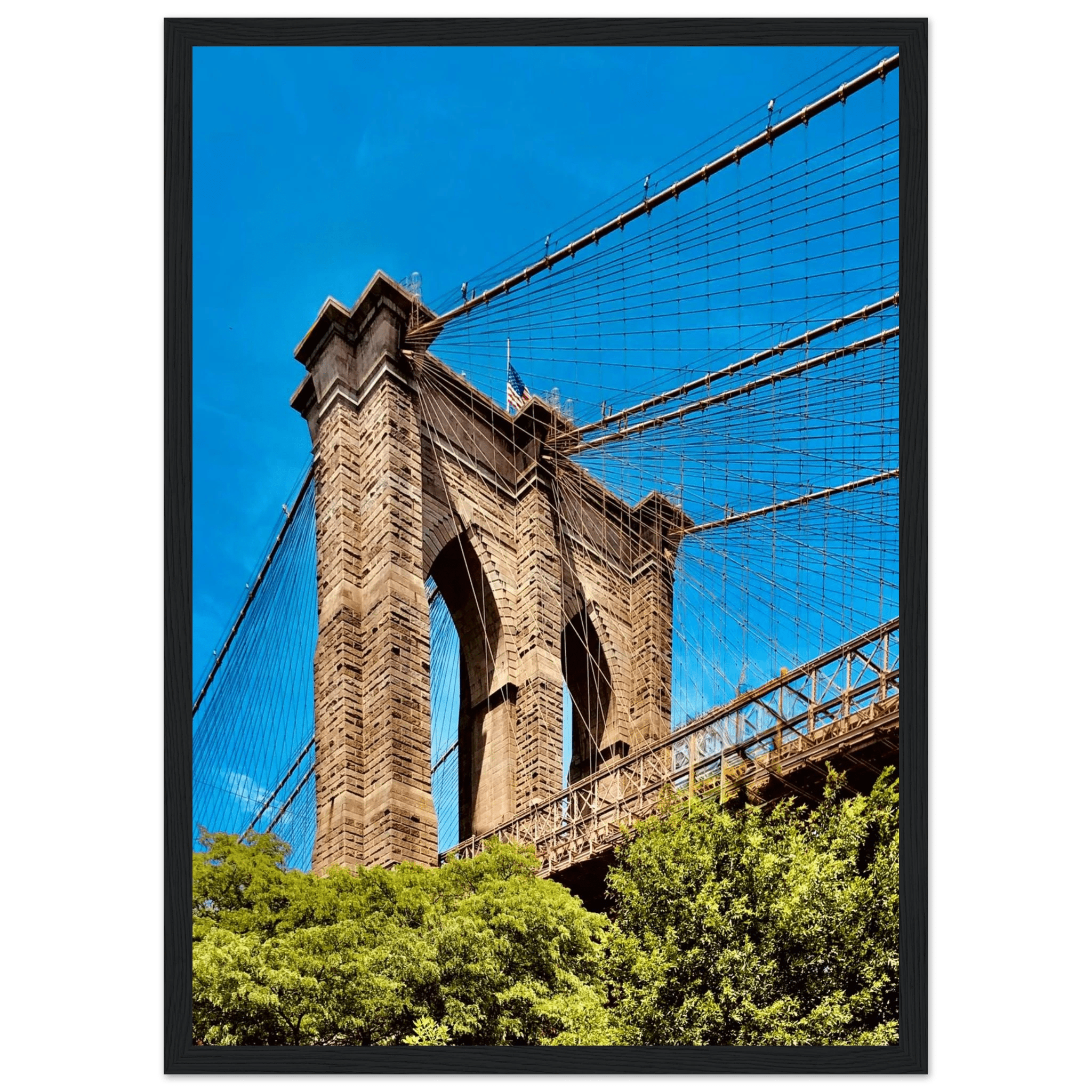 Framed NYC Brooklyn Bridge poster with Dumbo view, 15x20 cm print on white frame, part of the Studio Edition travel collection.