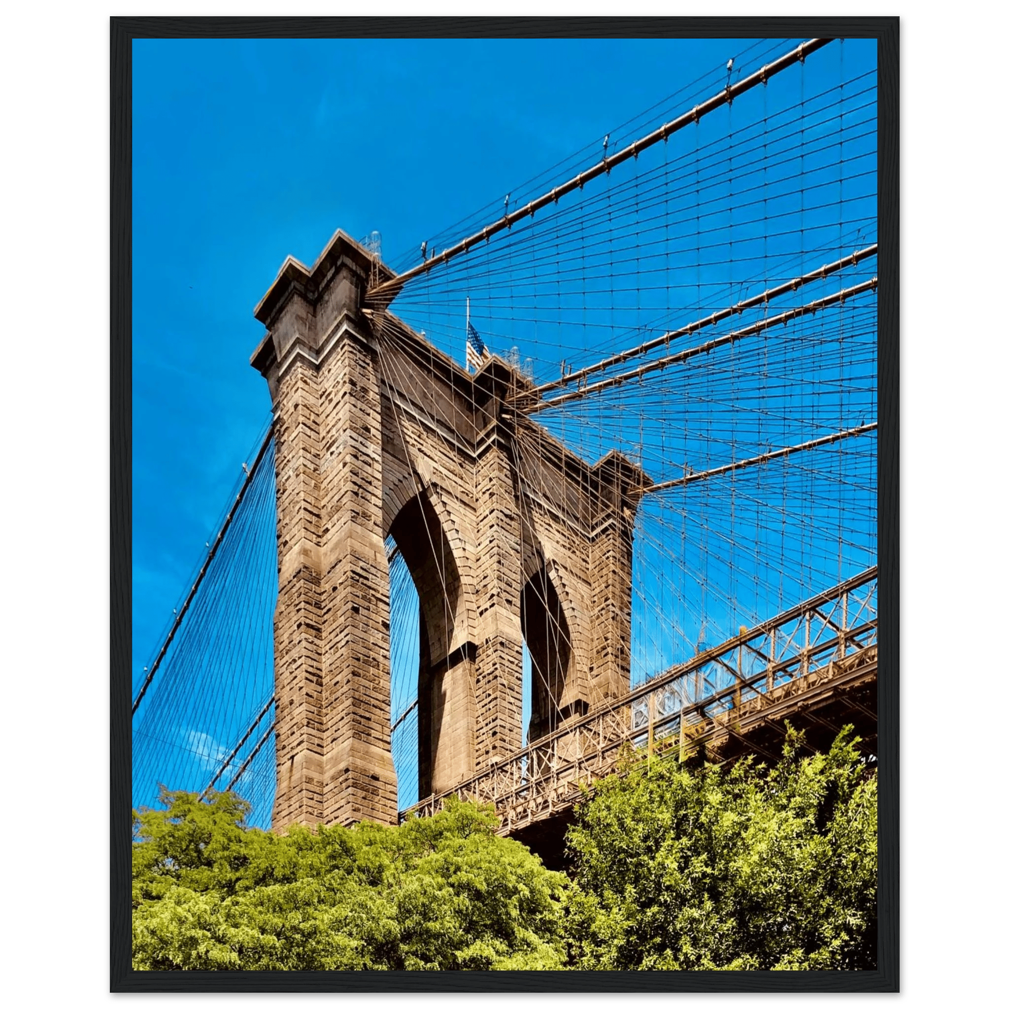 Framed NYC Brooklyn Bridge print by My Store featuring Dumbo view, 15x20cm white frame, perfect for summer travel decor.