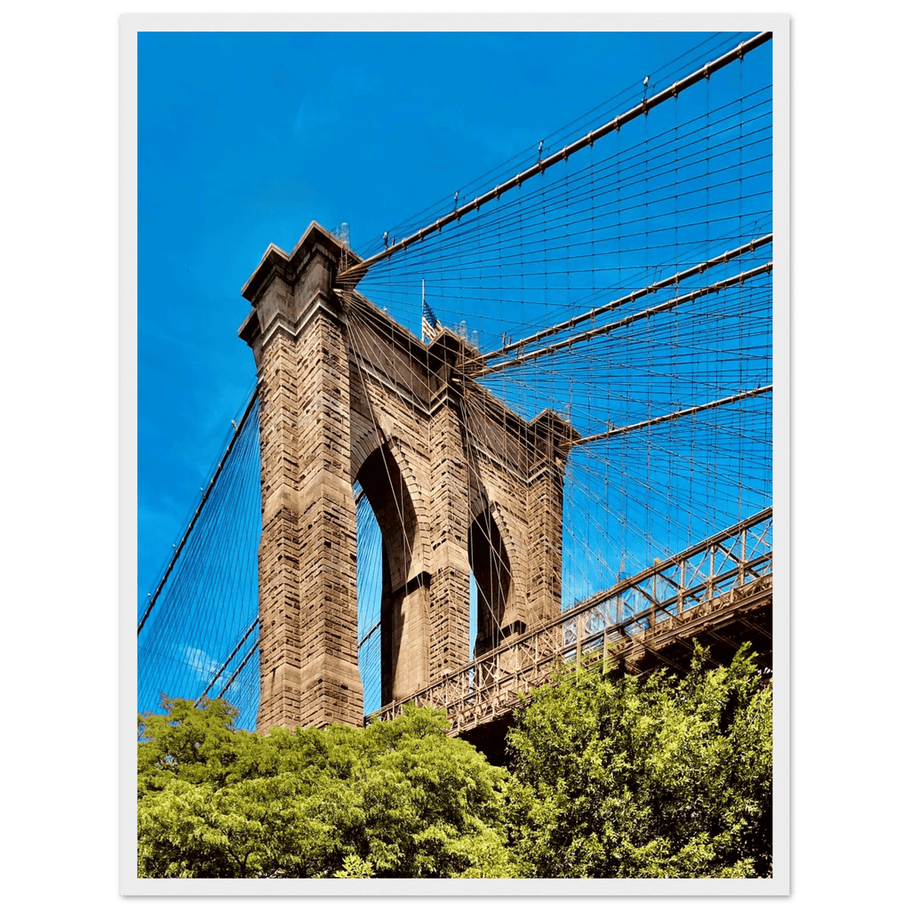 Framed NYC Brooklyn Bridge poster featuring a Dumbo view, printed on high-quality material, with a white 6x8 inch frame.