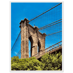 Framed NYC Brooklyn Bridge poster featuring a Dumbo view, printed on high-quality material, with a white 6x8 inch frame.