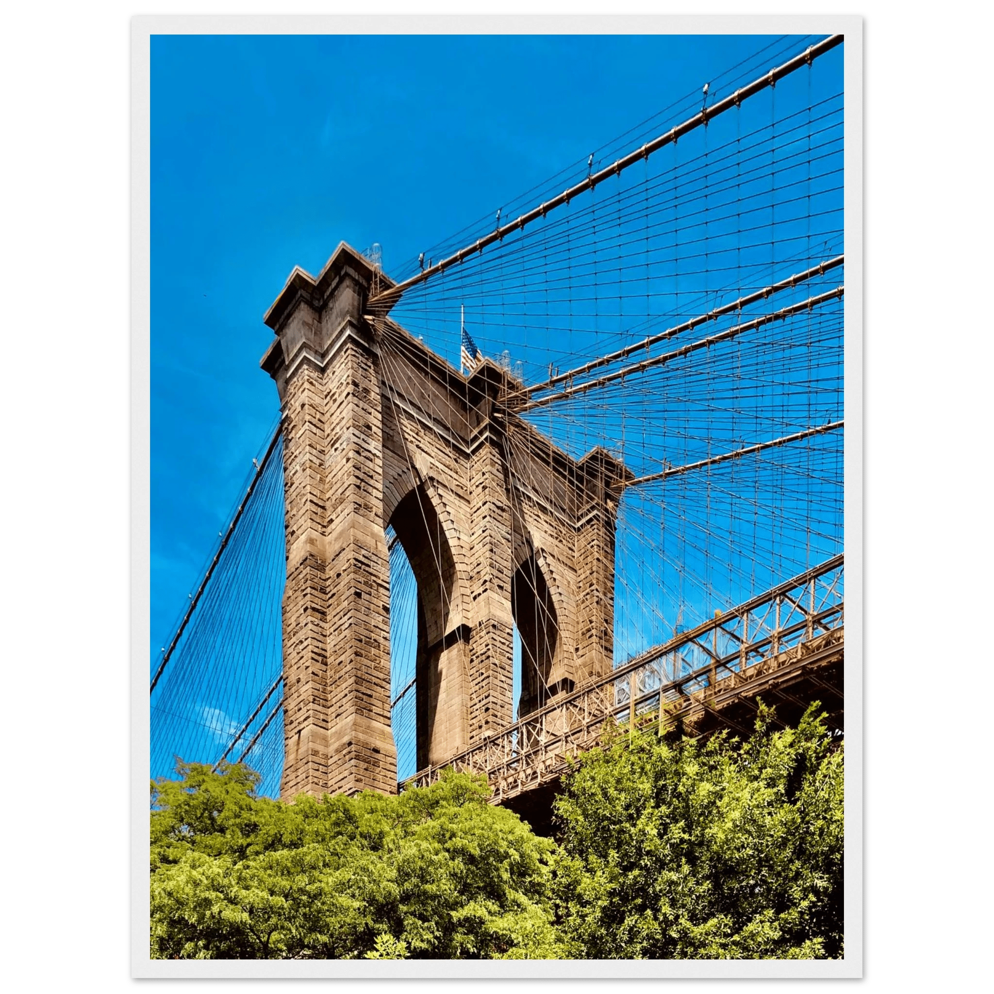 Framed NYC Brooklyn Bridge poster featuring a Dumbo view, printed on high-quality material, with a white 6x8 inch frame.
