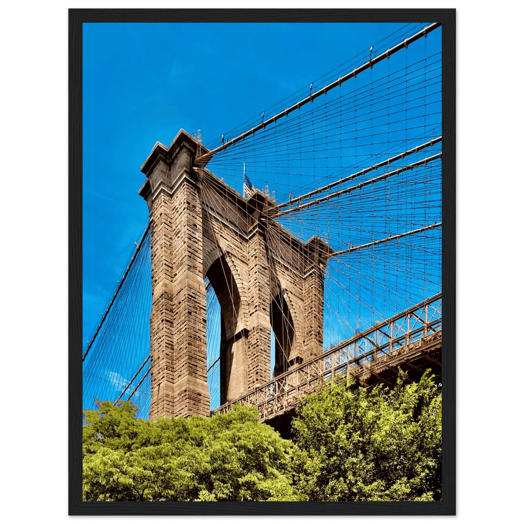 Framed NYC Brooklyn Bridge poster featuring a Dumbo view, 15x20 cm print with a white frame, part of the Studio Edition travel collection.