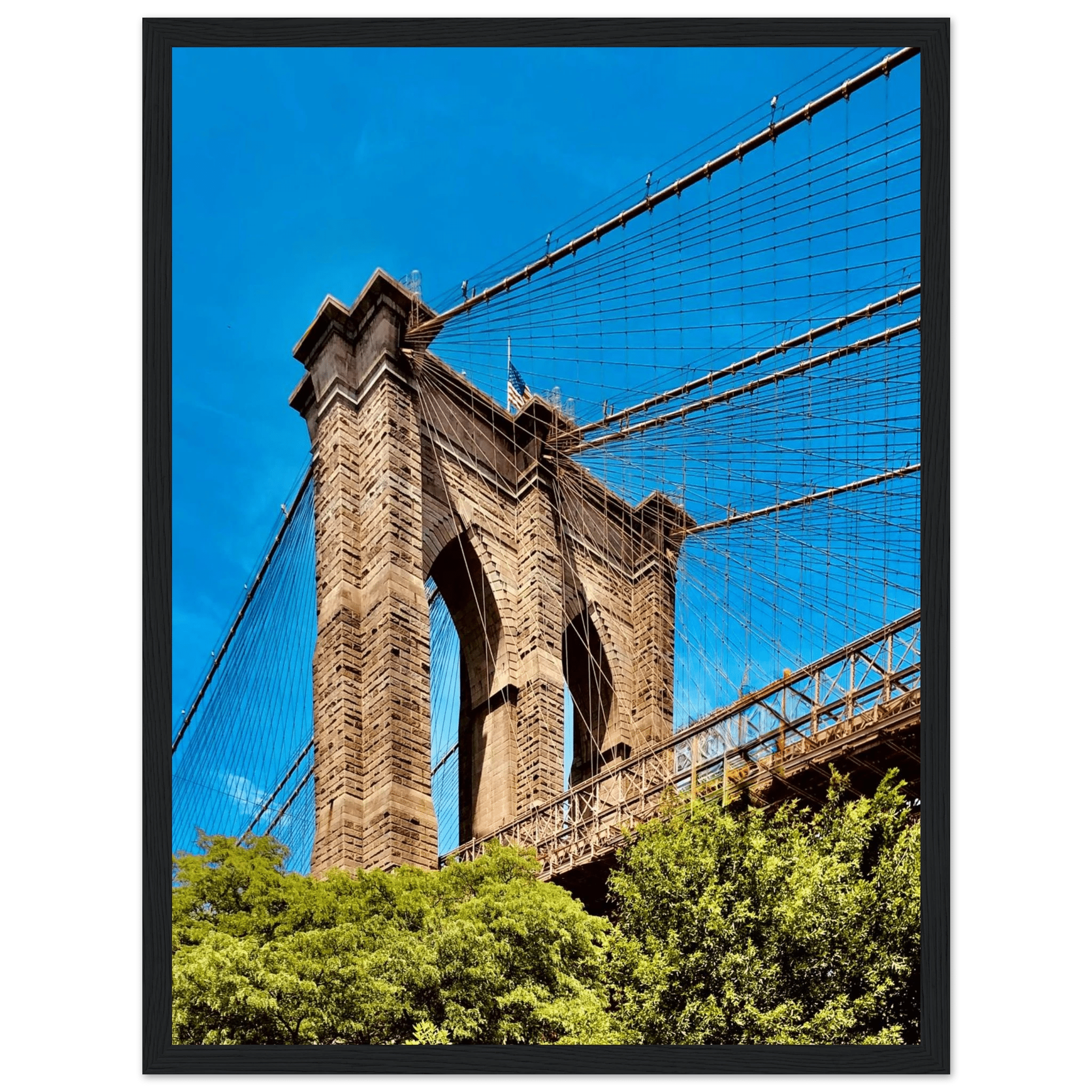Framed NYC Brooklyn Bridge poster featuring a Dumbo view, 15x20 cm print with a white frame, part of the Studio Edition travel collection.