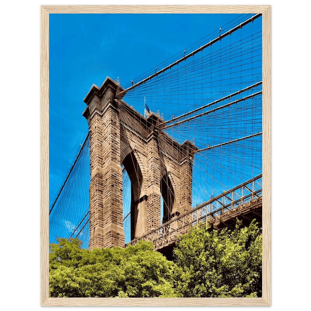 Framed NYC Brooklyn Bridge poster featuring a Dumbo view, 15x20 cm print with white frame, part of the Studio Edition travel collection.