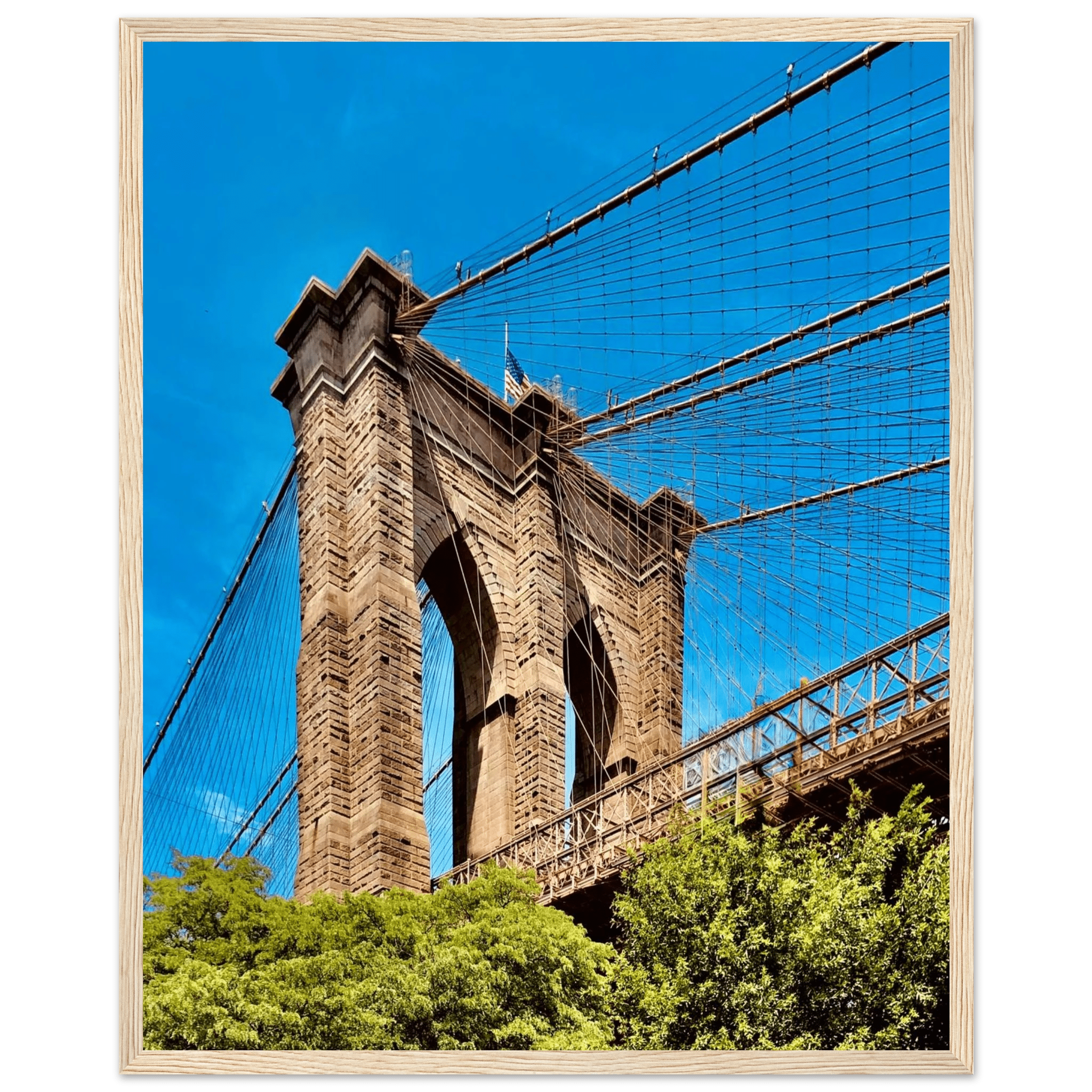 Framed NYC Brooklyn Bridge poster by My Store, 15x20 cm print with white frame, showcasing Dumbo view from the travel collection.