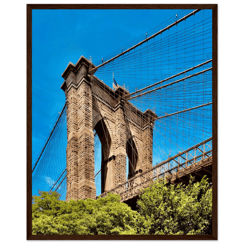 Framed NYC Brooklyn Bridge poster featuring a Dumbo view, 15x20 cm print with white frame from the Travel Collection.