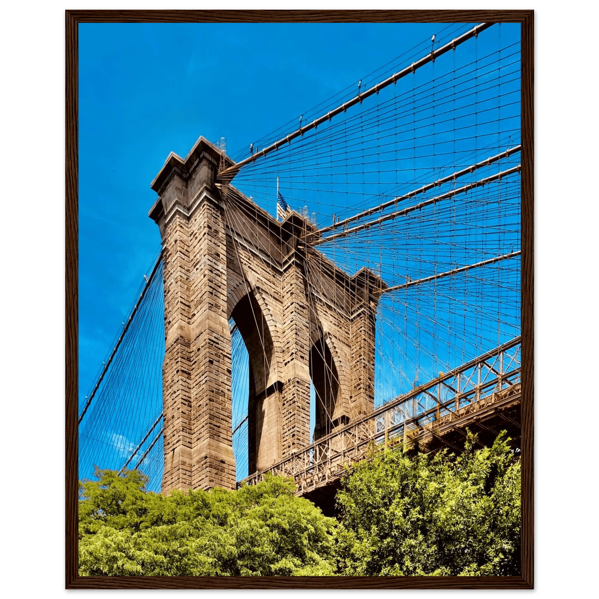Framed NYC Brooklyn Bridge poster featuring a Dumbo view, 15x20 cm print with white frame from the Travel Collection.