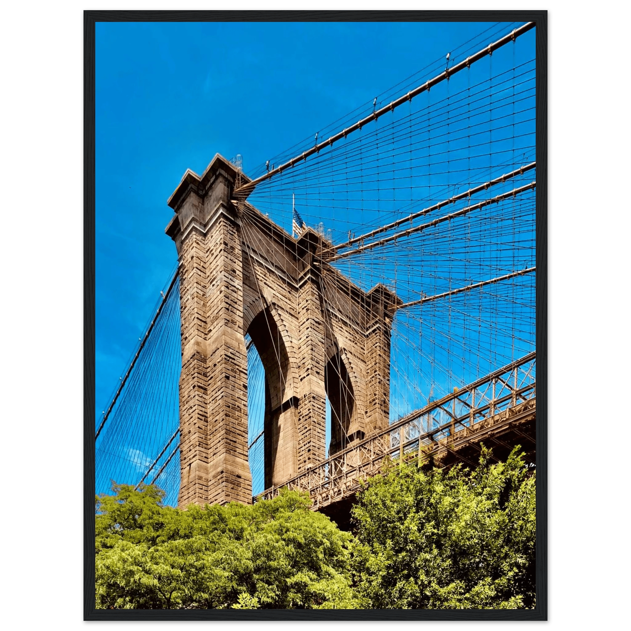 Framed NYC Brooklyn Bridge poster by My Store featuring Dumbo view, 15x20cm print with white frame, perfect for travel-themed decor.