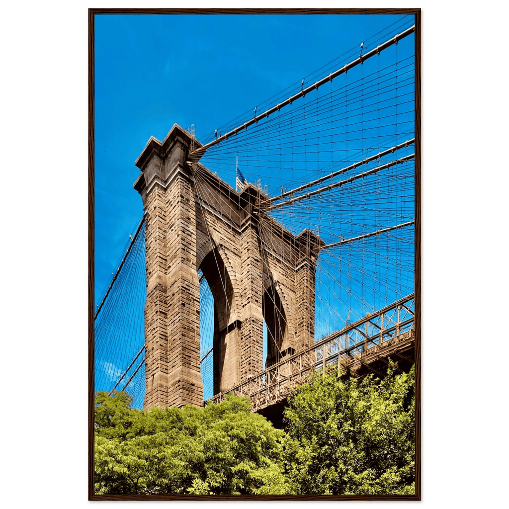 Framed NYC Brooklyn Bridge poster featuring a stunning Dumbo view, 15x20 cm print with white frame, part of travel collection.