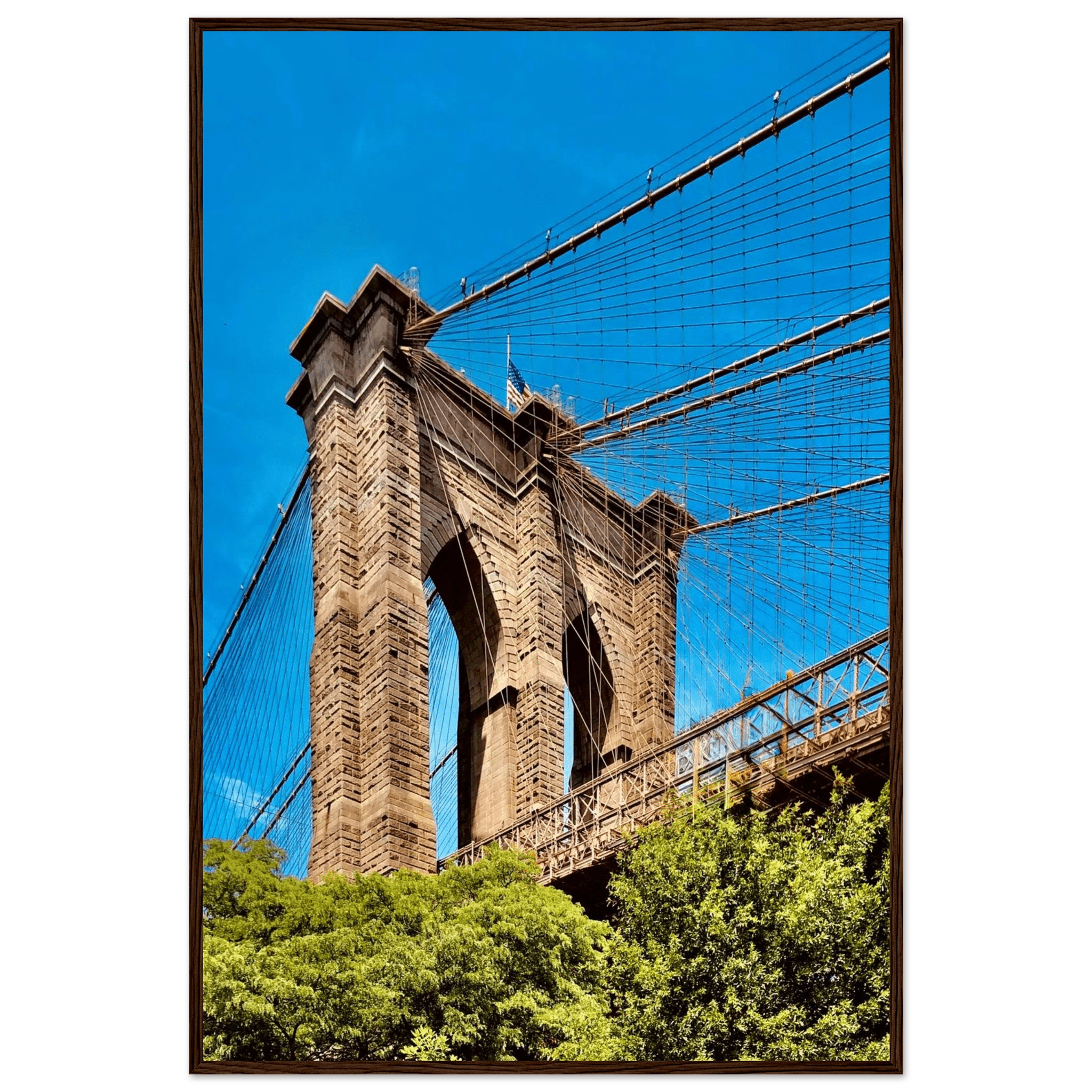 Framed NYC Brooklyn Bridge poster featuring a stunning Dumbo view, 15x20 cm print with white frame, part of travel collection.