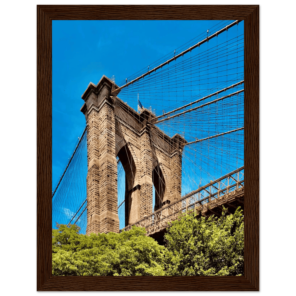 Framed NYC Brooklyn Bridge poster in white frame, showcasing a stunning Dumbo view for year-round summer travel collection.