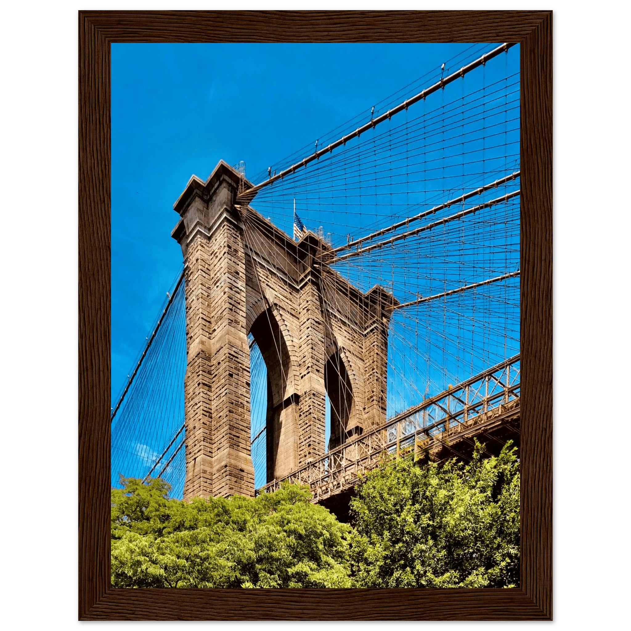 Framed NYC Brooklyn Bridge poster in white frame, showcasing a stunning Dumbo view for year-round summer travel collection.