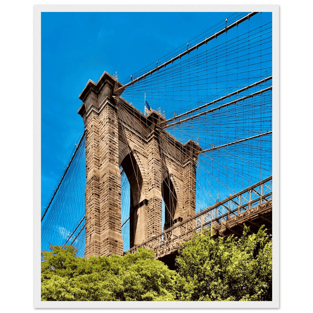 Framed NYC Brooklyn Bridge poster featuring Dumbo view, 15x20 cm print with white frame, part of the Travel Collection.