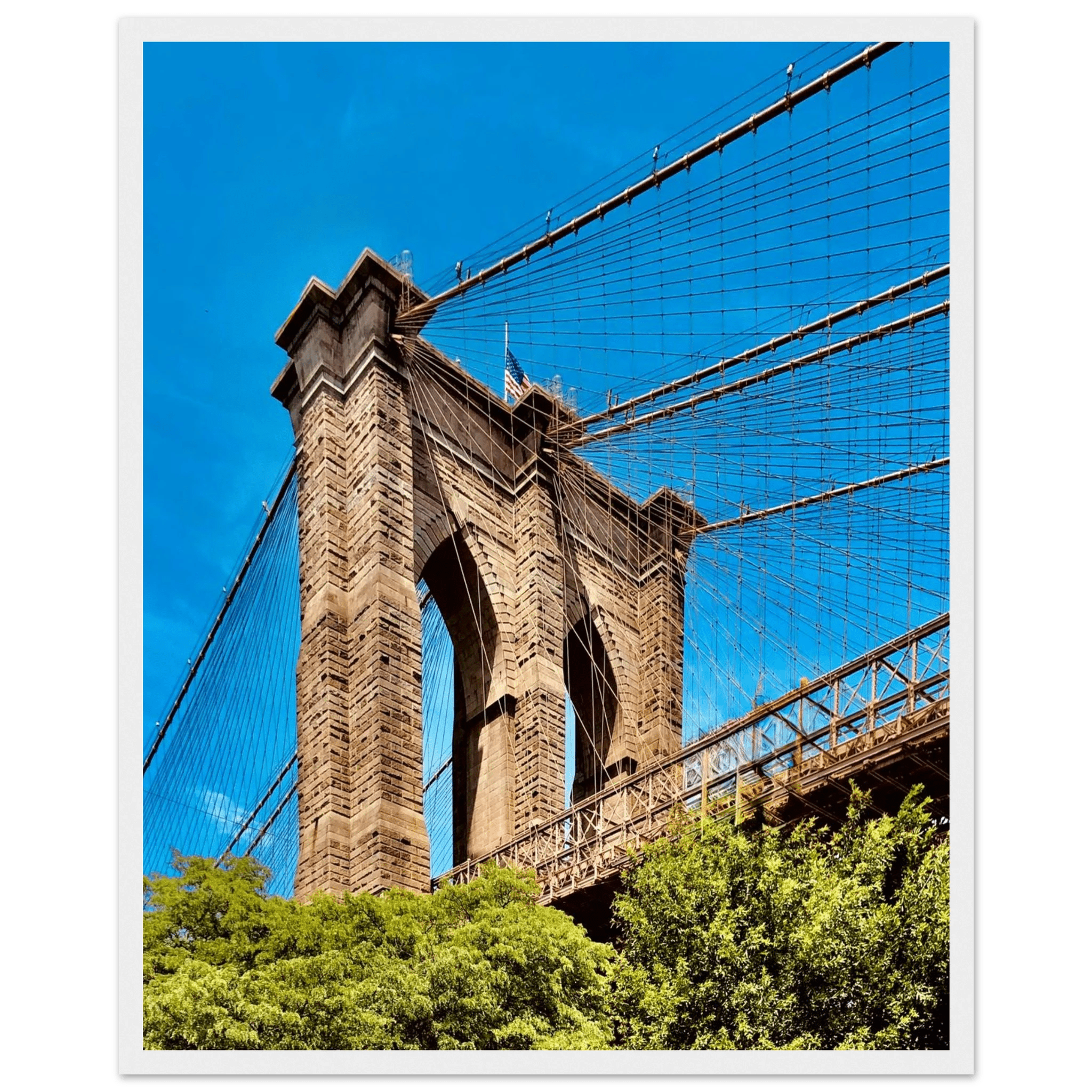 Framed NYC Brooklyn Bridge poster featuring Dumbo view, 15x20 cm print with white frame, part of the Travel Collection.