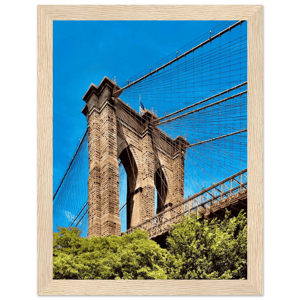 Framed NYC Brooklyn Bridge poster featuring a stunning Dumbo view, 15x20 cm print in a white frame from the Travel Collection.