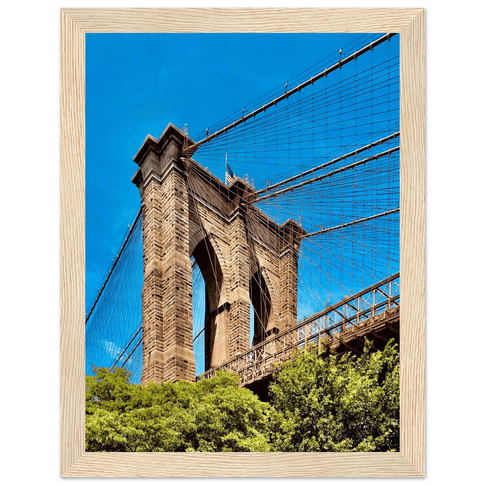 Framed NYC Brooklyn Bridge poster featuring a stunning Dumbo view, 15x20 cm print in a white frame from the Travel Collection.