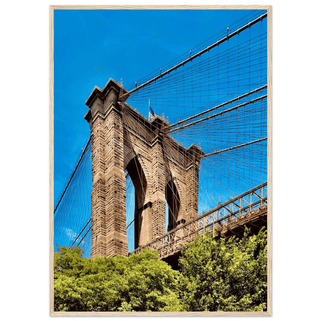 Framed NYC Brooklyn Bridge poster with Dumbo view, 15x20 cm print on white frame, part of travel collection studio edition.