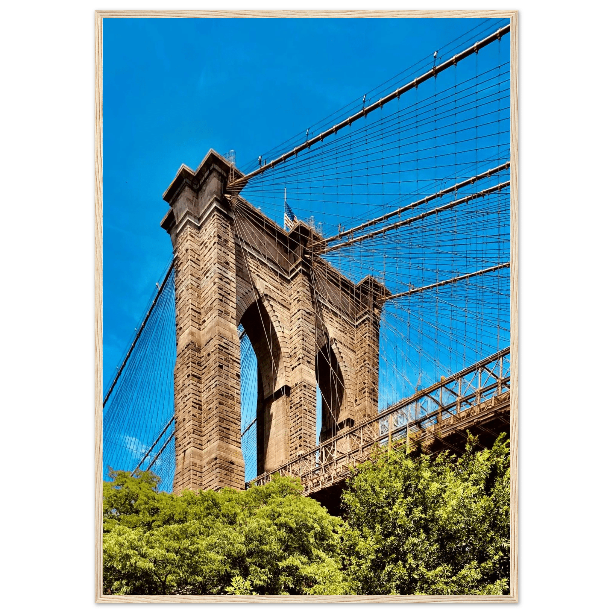 Framed NYC Brooklyn Bridge poster with Dumbo view, 15x20 cm print on white frame, part of travel collection studio edition.