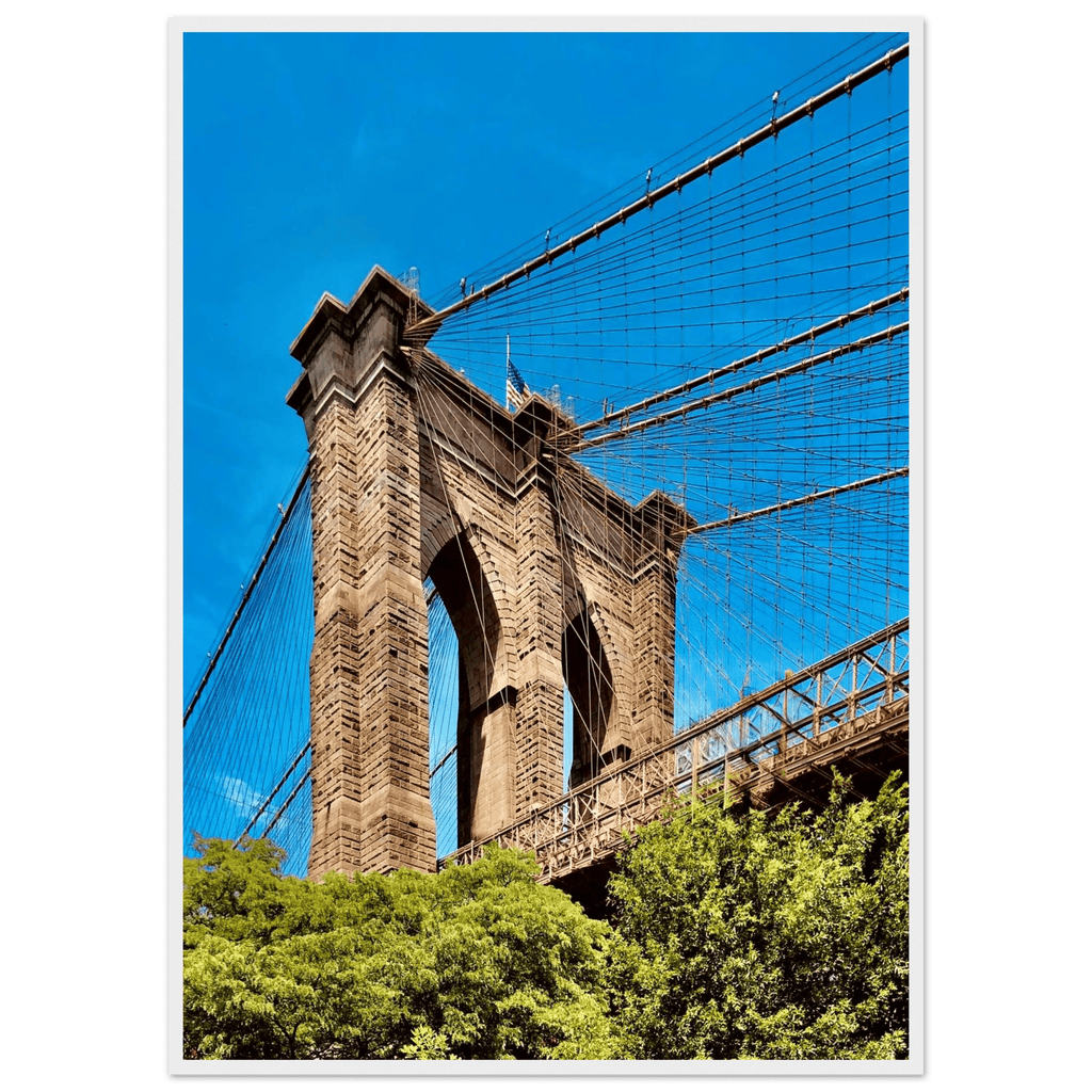 Framed NYC Brooklyn Bridge poster featuring a Dumbo view, 15x20 cm print with white frame, perfect for summer travel decor.