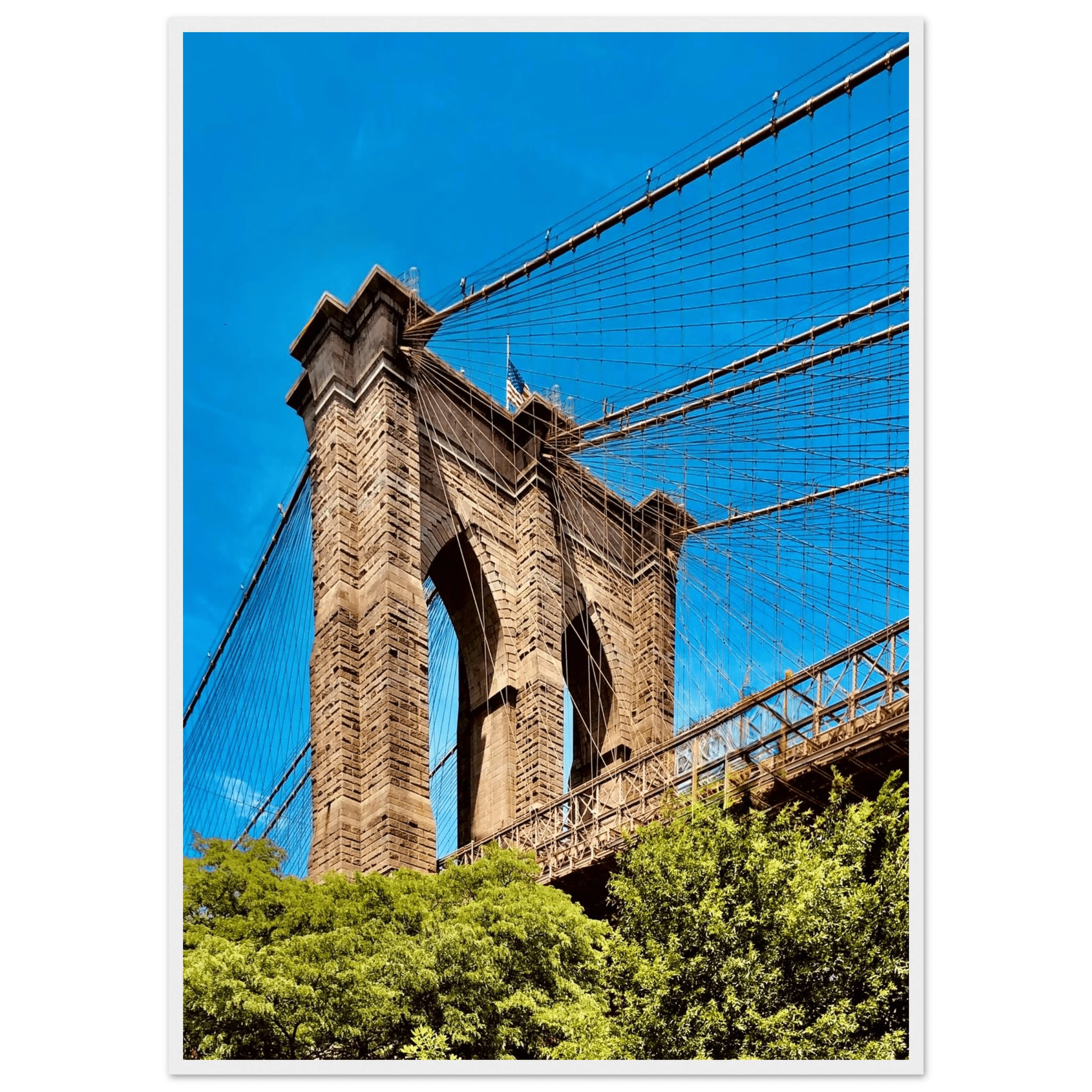 Framed NYC Brooklyn Bridge poster featuring a Dumbo view, 15x20 cm print with white frame, perfect for summer travel decor.