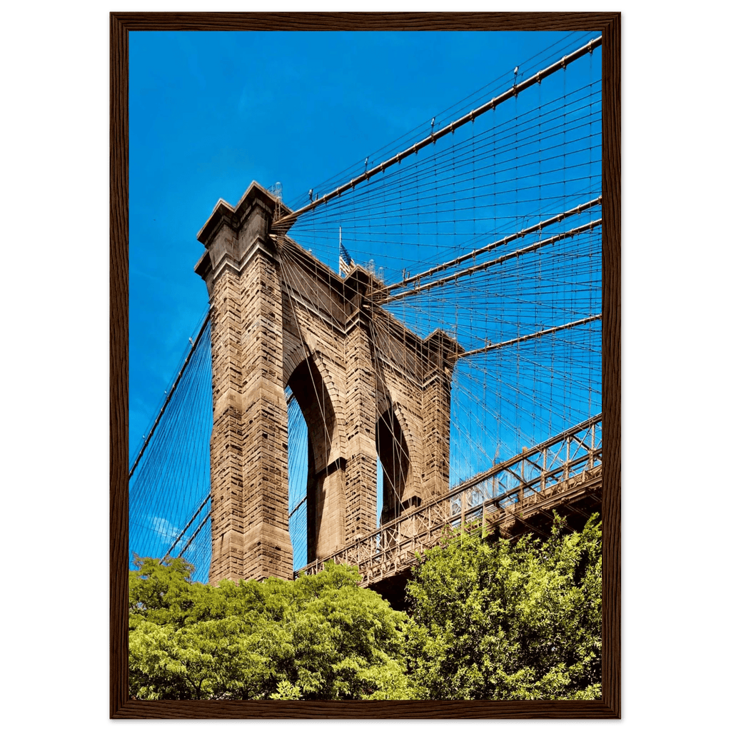 Framed NYC Brooklyn Bridge poster by My Store, featuring a stunning Dumbo view with a white 15x20cm frame, ideal for travel decor.