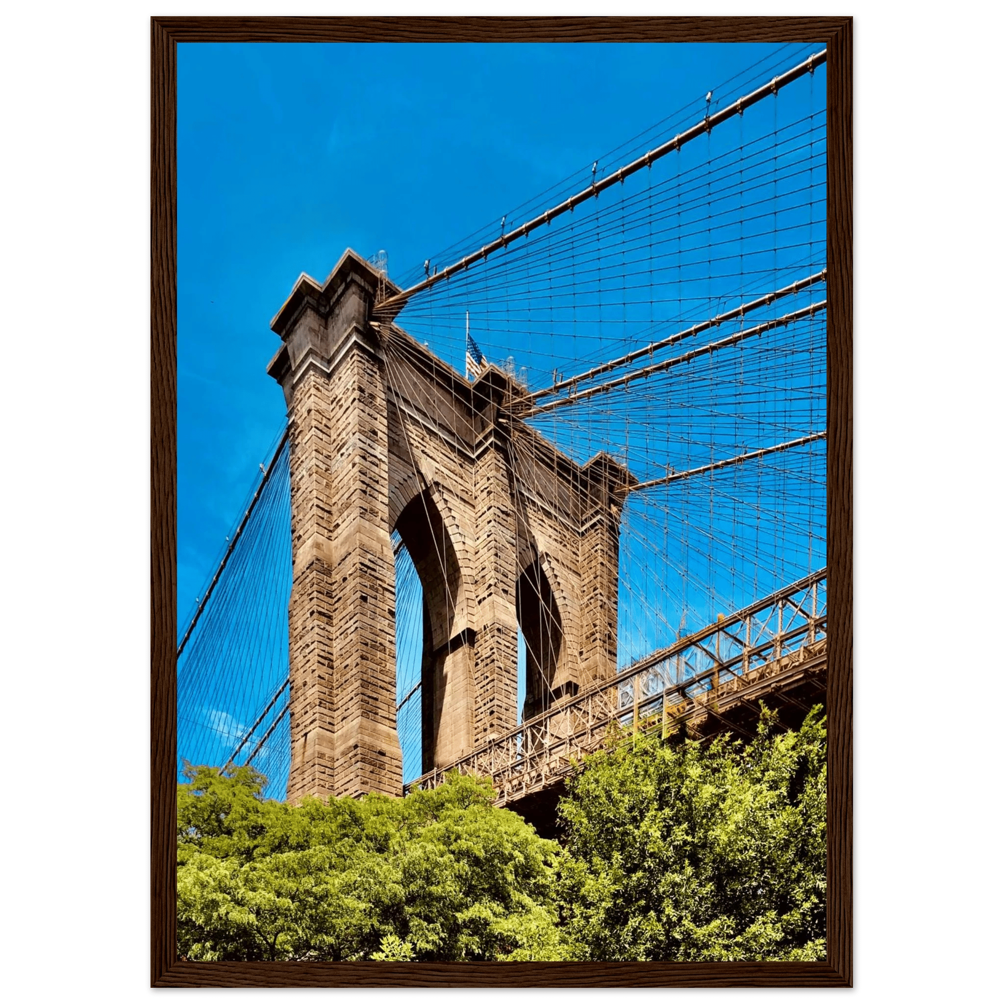 Framed NYC Brooklyn Bridge poster by My Store, featuring a stunning Dumbo view with a white 15x20cm frame, ideal for travel decor.