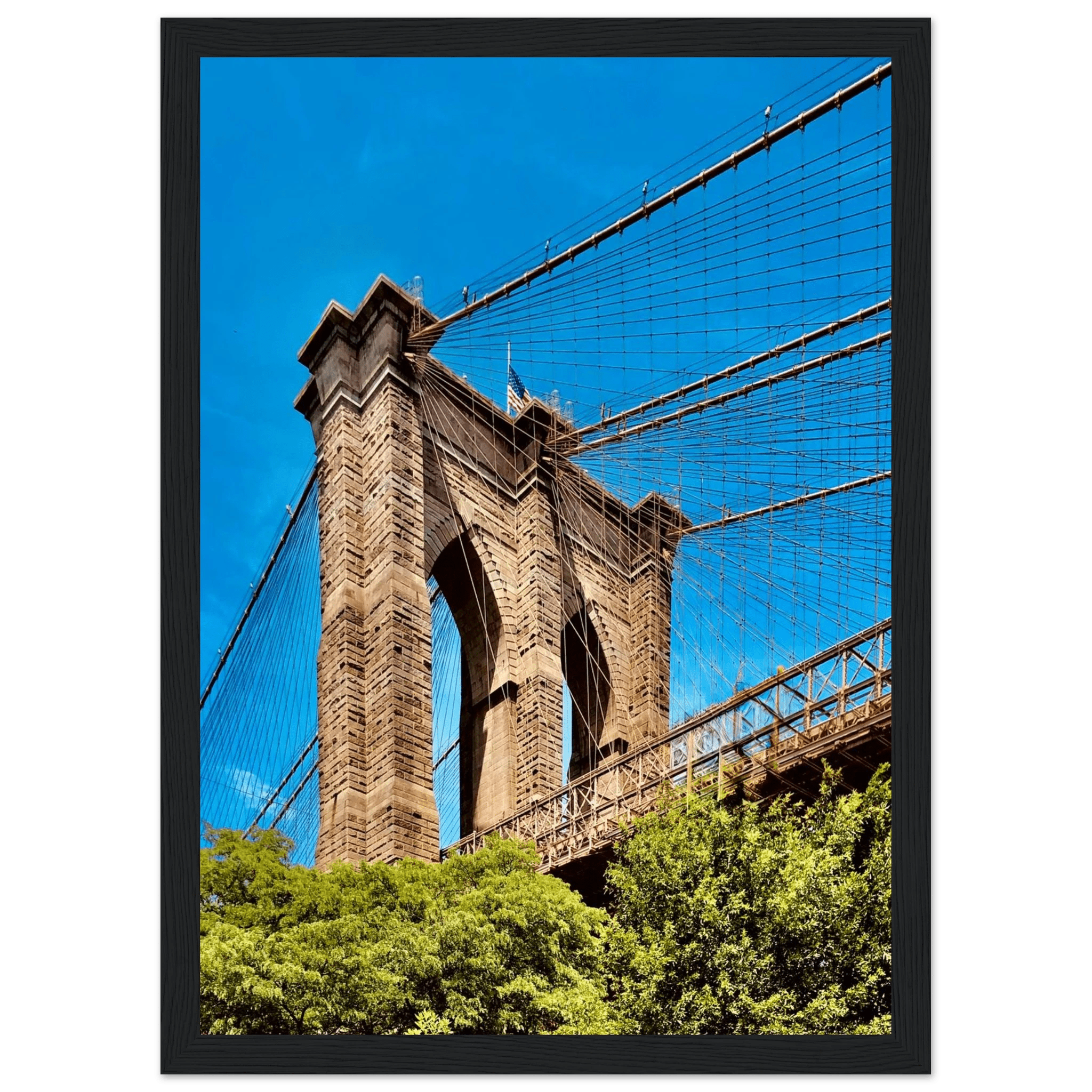 Framed NYC Brooklyn Bridge poster in white frame featuring a stunning Dumbo view from the Travel Collection.