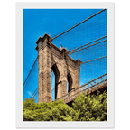 Framed NYC Brooklyn Bridge poster featuring a Dumbo view, 15x20 cm print with white frame, part of travel collection studio edition