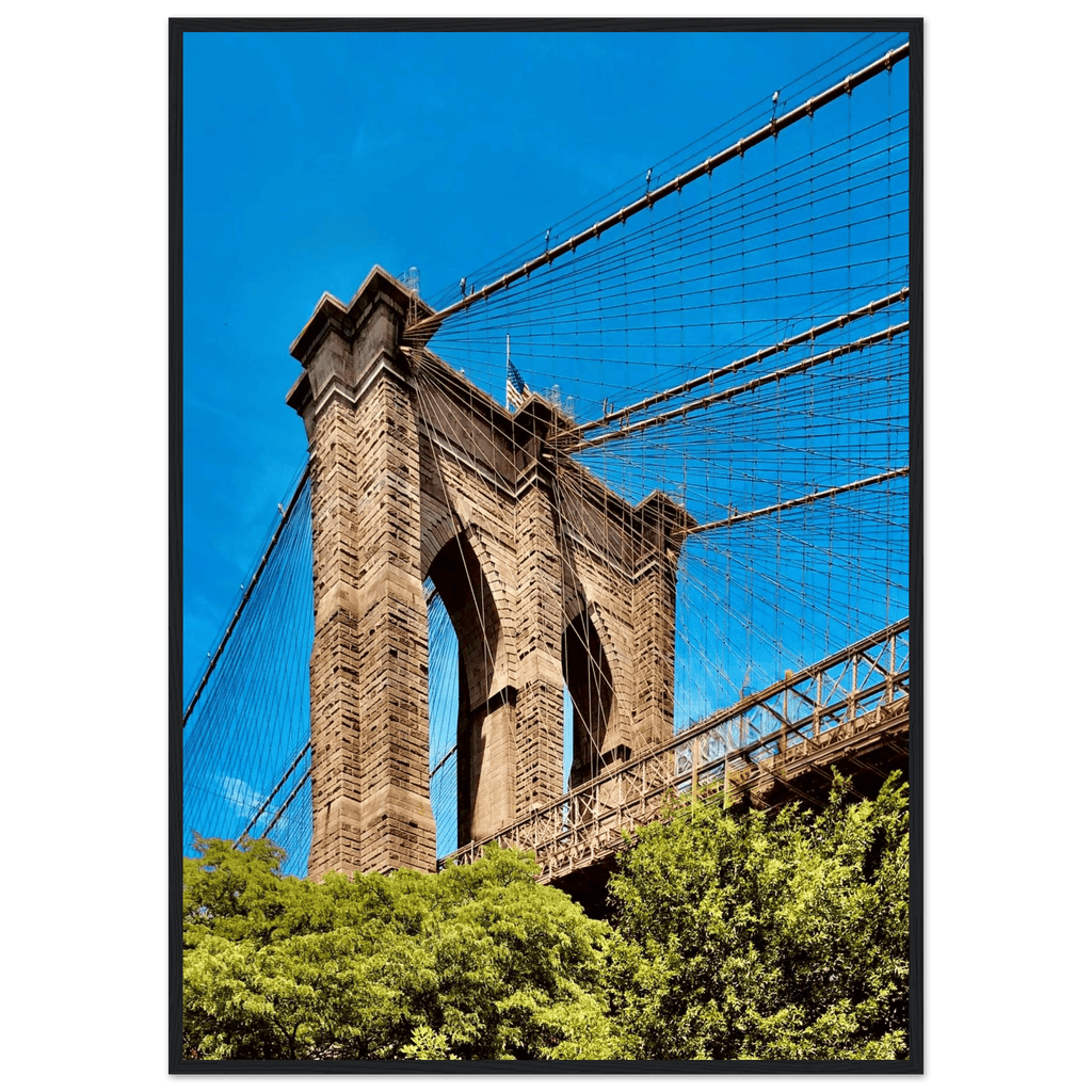 Framed NYC Brooklyn Bridge poster featuring Dumbo view, 15x20cm print with white frame, part of travel collection studio edition.