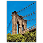 Framed NYC Brooklyn Bridge poster featuring Dumbo view, 15x20cm print with white frame, part of travel collection studio edition.