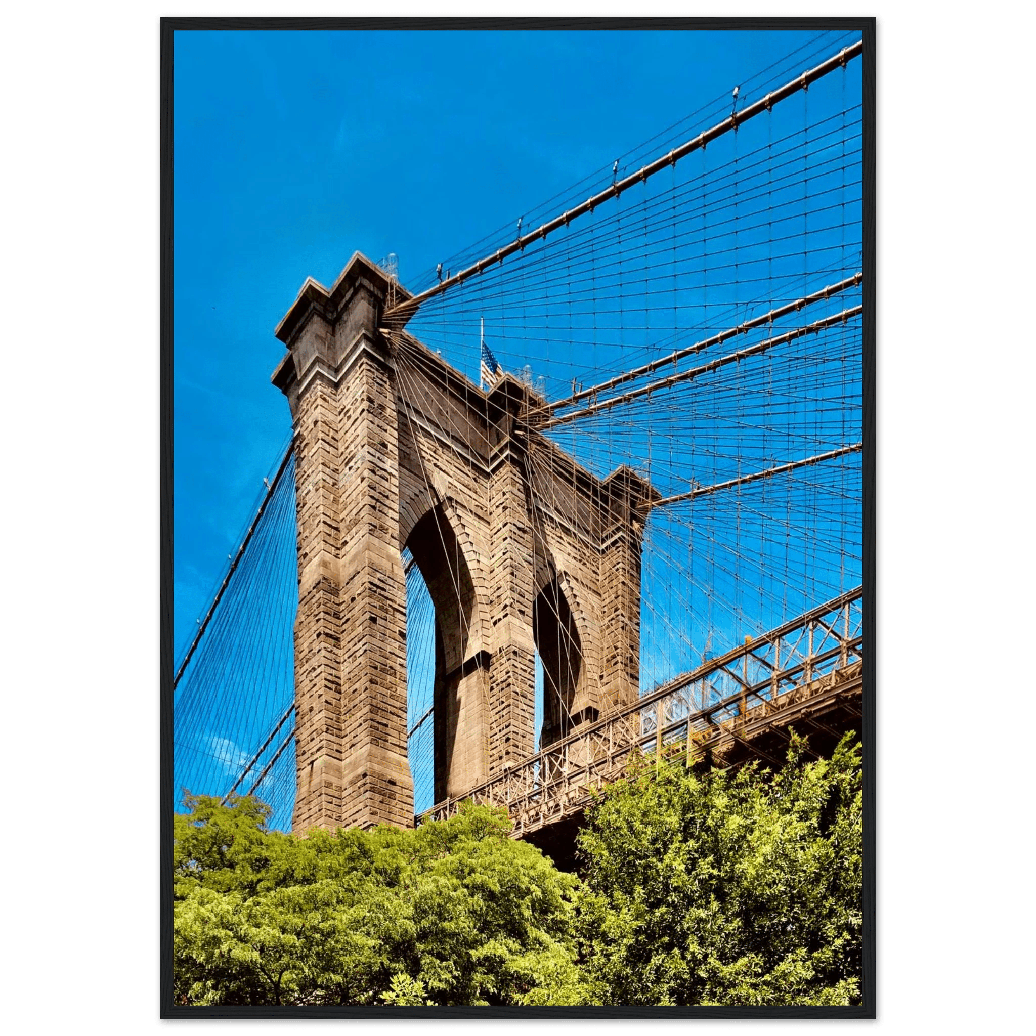 Framed NYC Brooklyn Bridge poster featuring Dumbo view, 15x20cm print with white frame, part of travel collection studio edition.