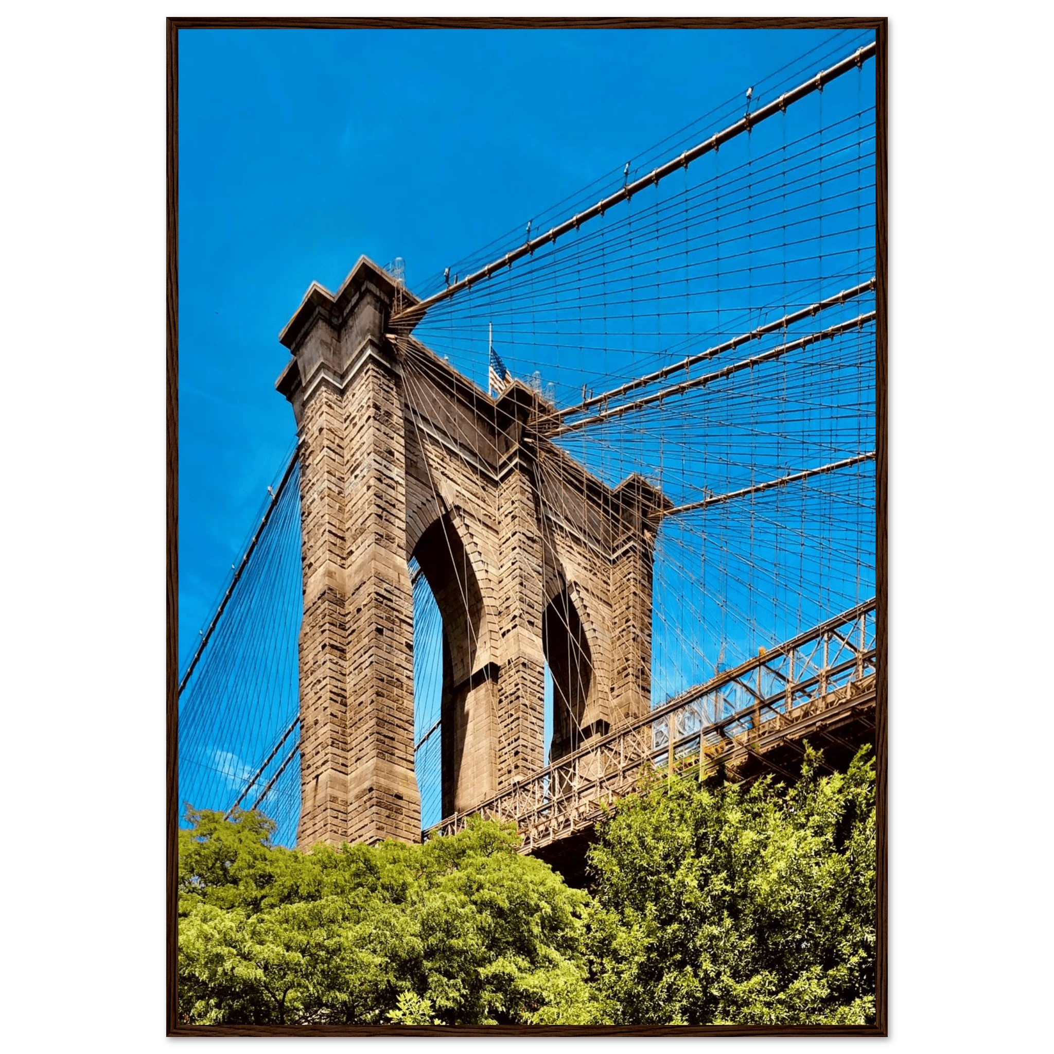Framed NYC Brooklyn Bridge print by My Store, 15x20 cm, featuring a stunning Dumbo view in a white frame for year-round summer vibes.