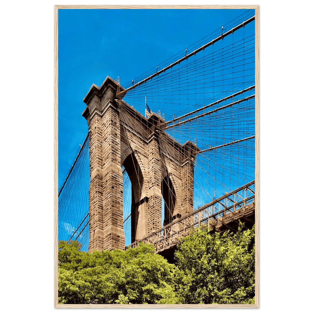 Framed NYC Brooklyn Bridge poster featuring a stunning Dumbo view, 15x20 cm print with white frame from the Travel Collection.