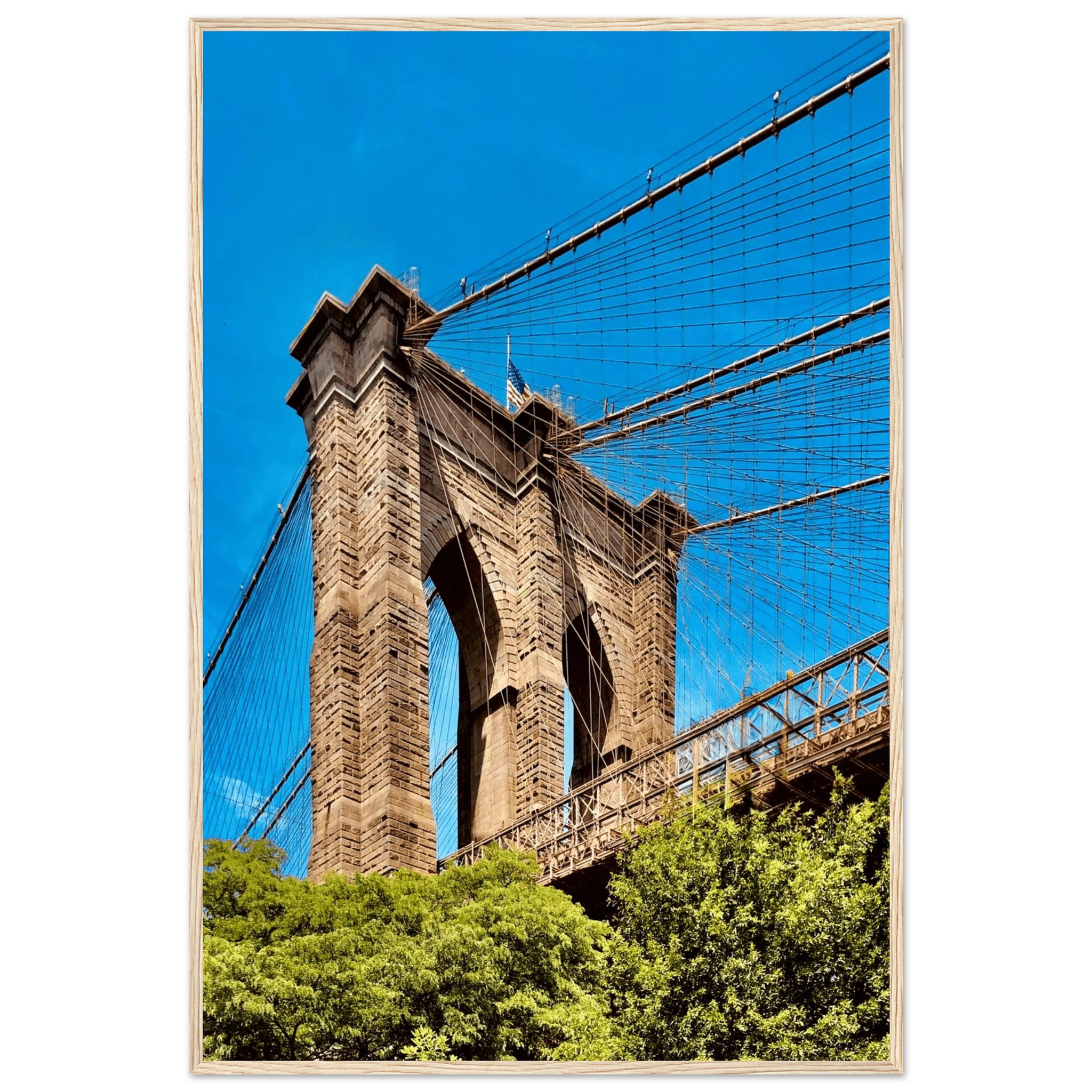 Framed NYC Brooklyn Bridge poster featuring a stunning Dumbo view, 15x20 cm print with white frame from the Travel Collection.