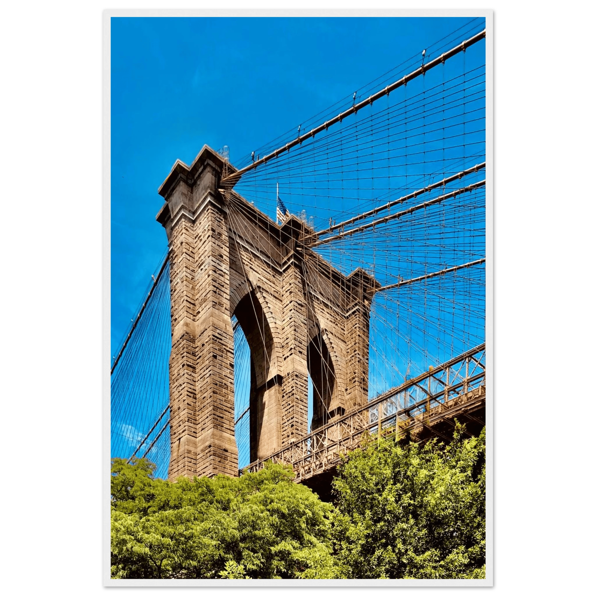 Framed NYC Brooklyn Bridge poster featuring Dumbo view, 15x20 cm print with white frame, part of travel collection studio edition.