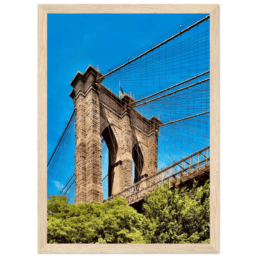 Framed NYC Brooklyn Bridge poster featuring Dumbo view, 15x20 cm print with white frame, part of travel collection.
