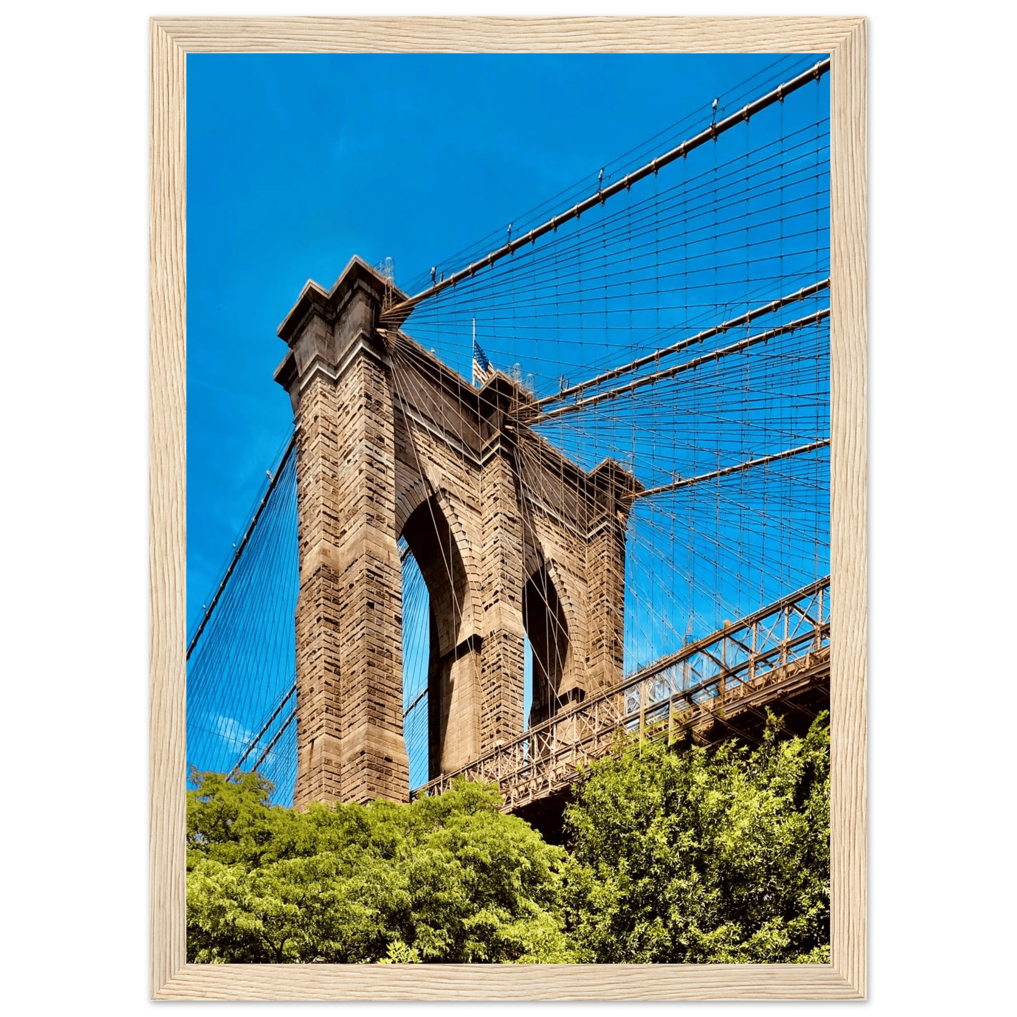 Framed NYC Brooklyn Bridge poster featuring Dumbo view, 15x20 cm print with white frame, part of travel collection.