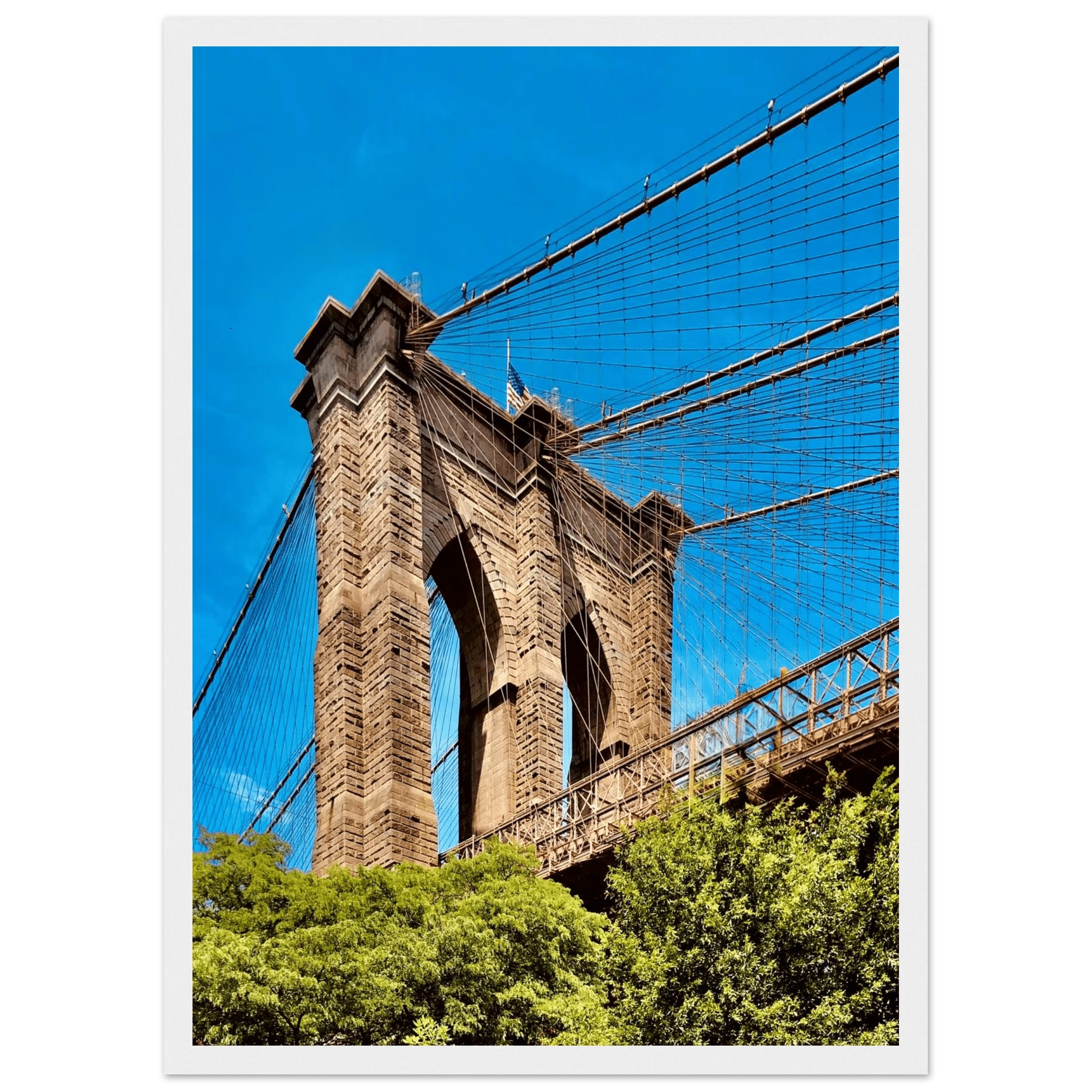 Framed NYC Brooklyn Bridge poster featuring a Dumbo view, 15x20 cm print with white frame, part of the Studio Edition travel collection.