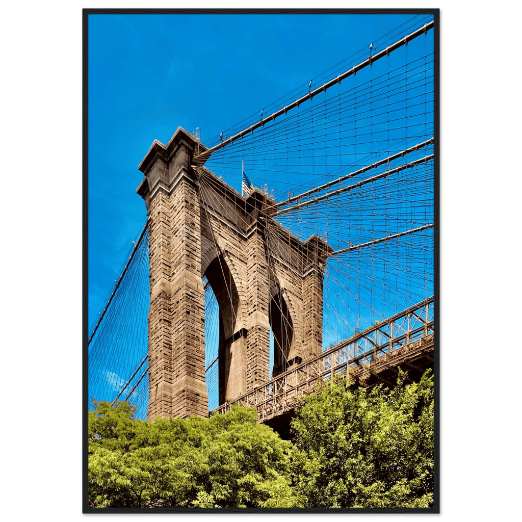 Framed NYC Brooklyn Bridge poster featuring Dumbo view, 15x20 cm print with white frame, from the Travel Collection studio edition.