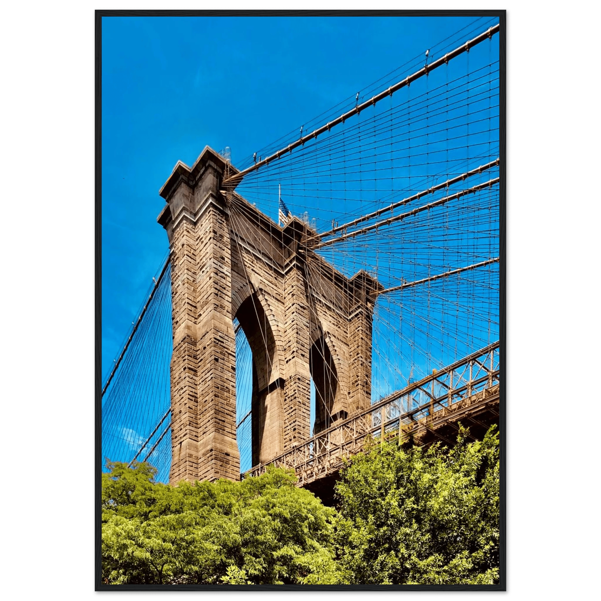 Framed NYC Brooklyn Bridge poster featuring Dumbo view, 15x20 cm print with white frame, from the Travel Collection studio edition.