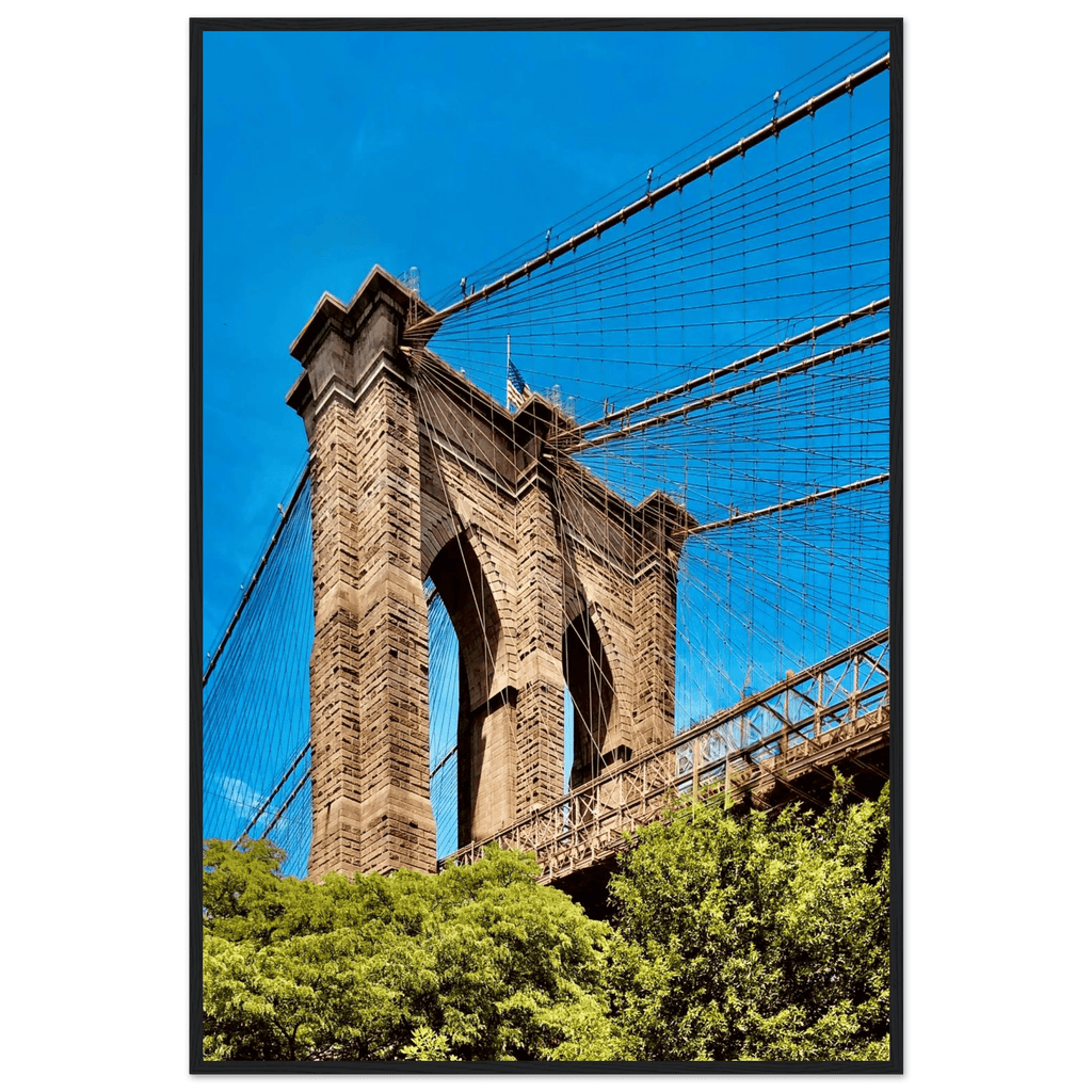 Framed NYC Brooklyn Bridge poster by My Store, showcasing a stunning Dumbo view with a white frame, perfect for travel-themed decor.