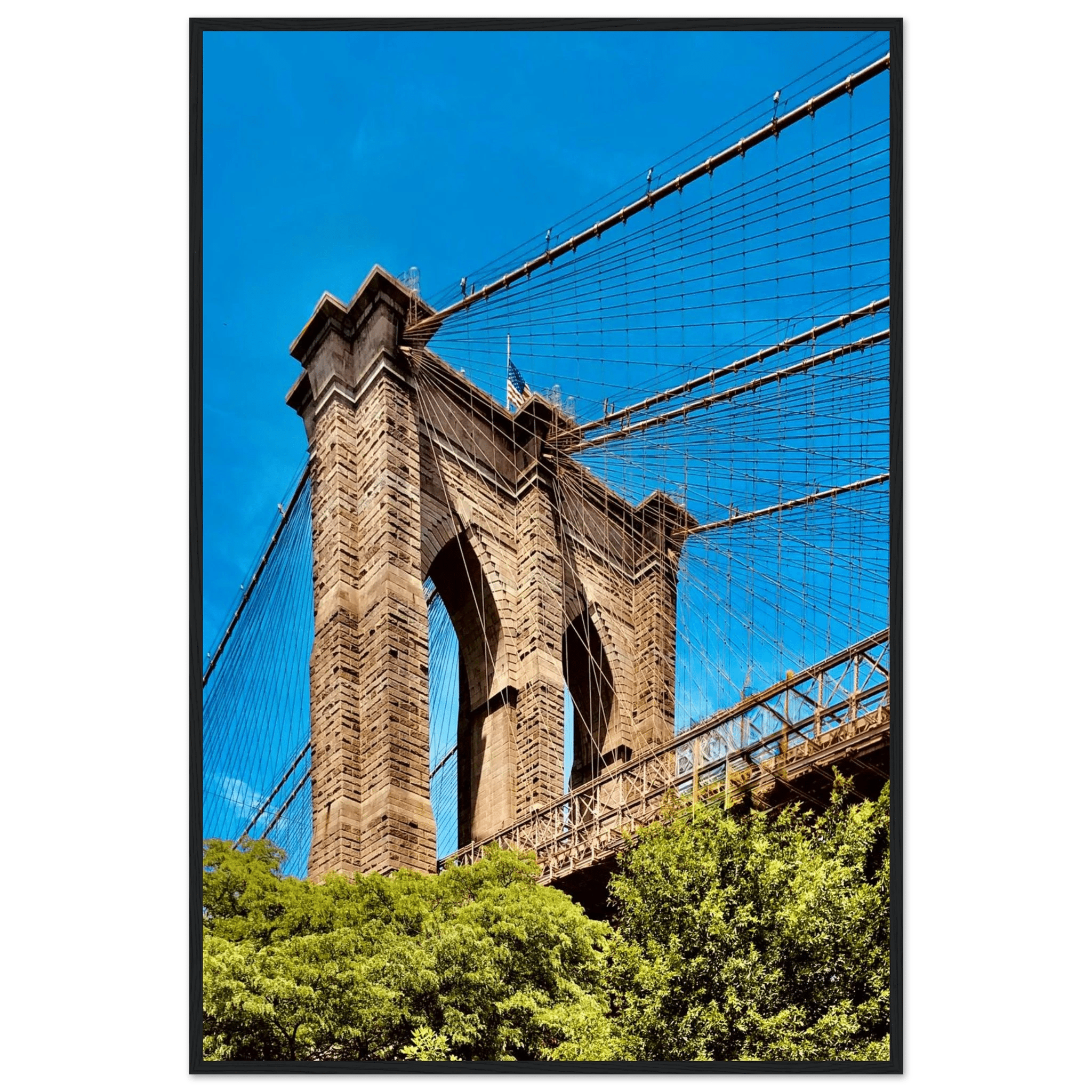 Framed NYC Brooklyn Bridge poster by My Store, showcasing a stunning Dumbo view with a white frame, perfect for travel-themed decor.