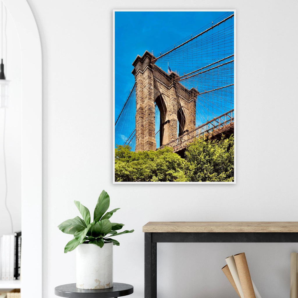 Framed NYC Brooklyn Bridge poster featuring Dumbo view, 15x20cm print with white frame, part of the travel collection.